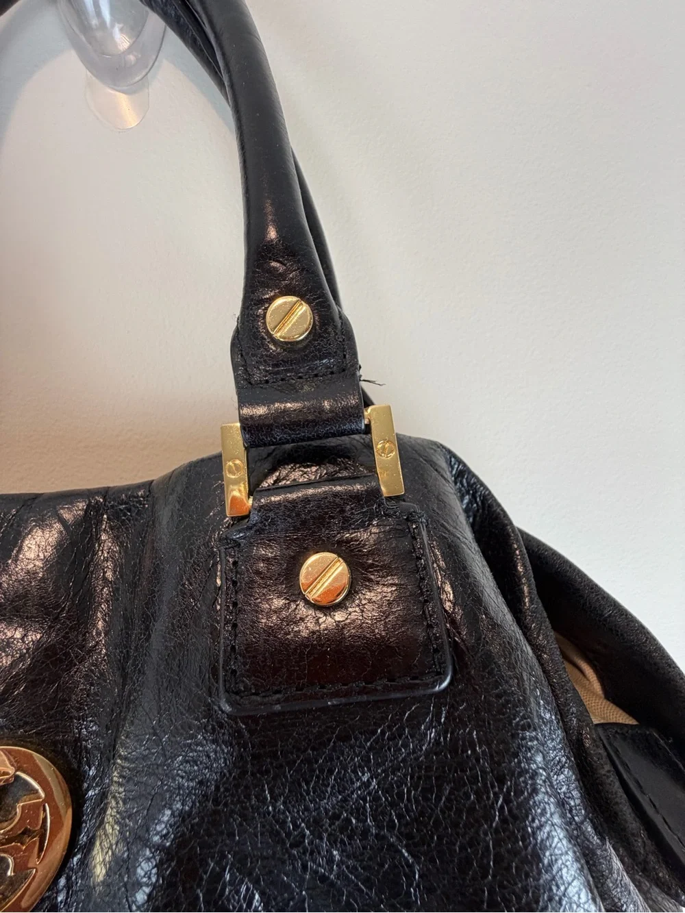 Tory Burch Black Leather Shoulder Bag with Gold Logo
